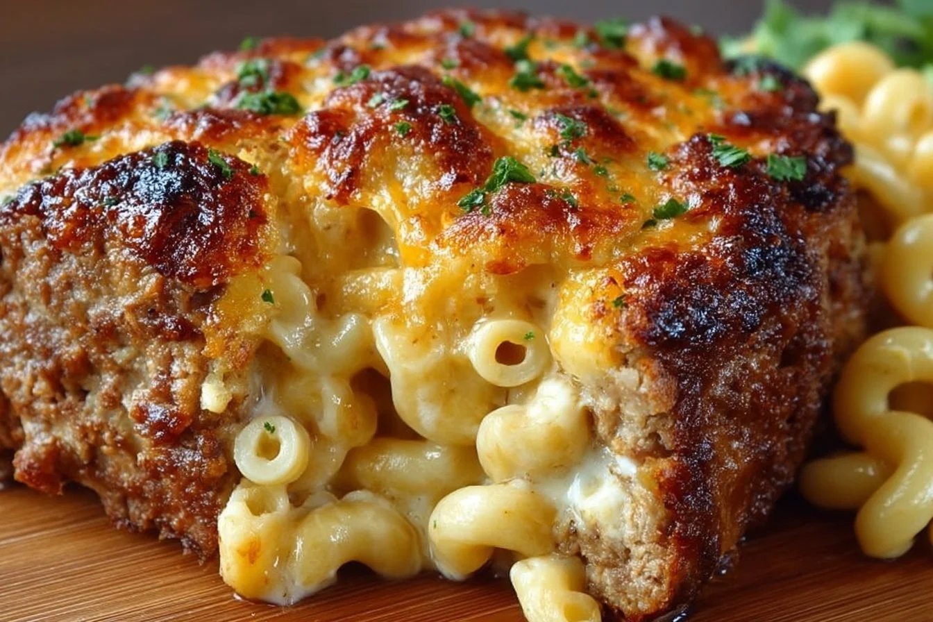 Mac and Cheese Meatloaf served on a plate, showcasing creamy texture and cheesy topping.