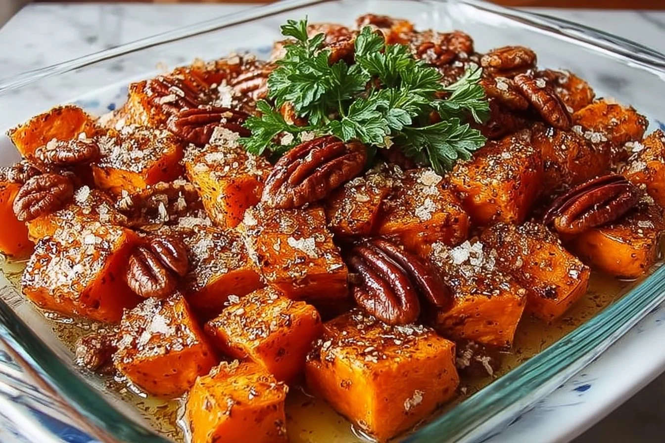 Delicious maple roasted sweet potatoes with pecans served in a bowl
