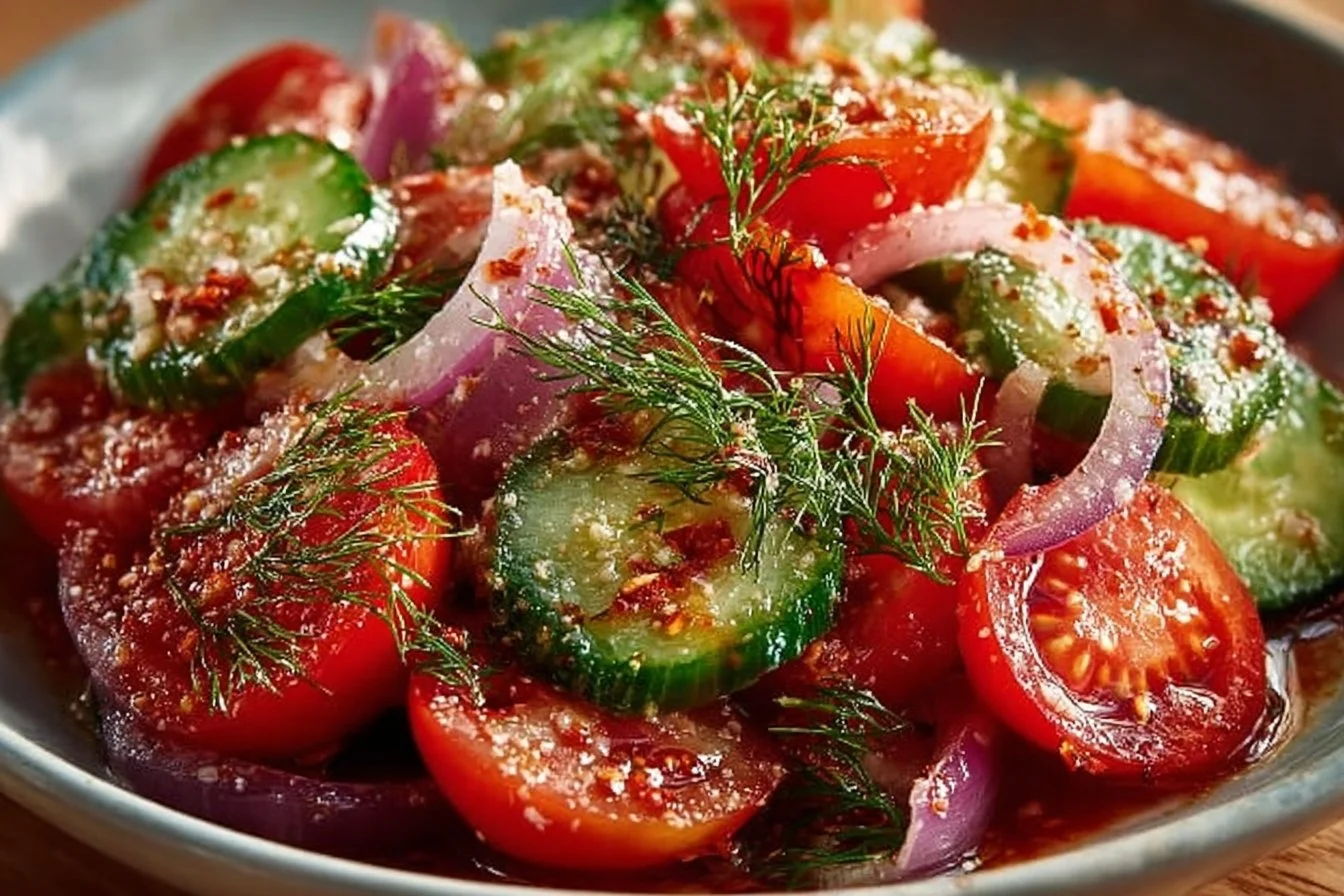 Marinated cucumber salad with onions and tomatoes served in a bowl
