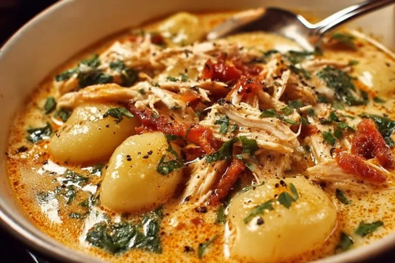 Bowl of Marry Me Chicken Gnocchi Soup with fresh ingredients and herbs