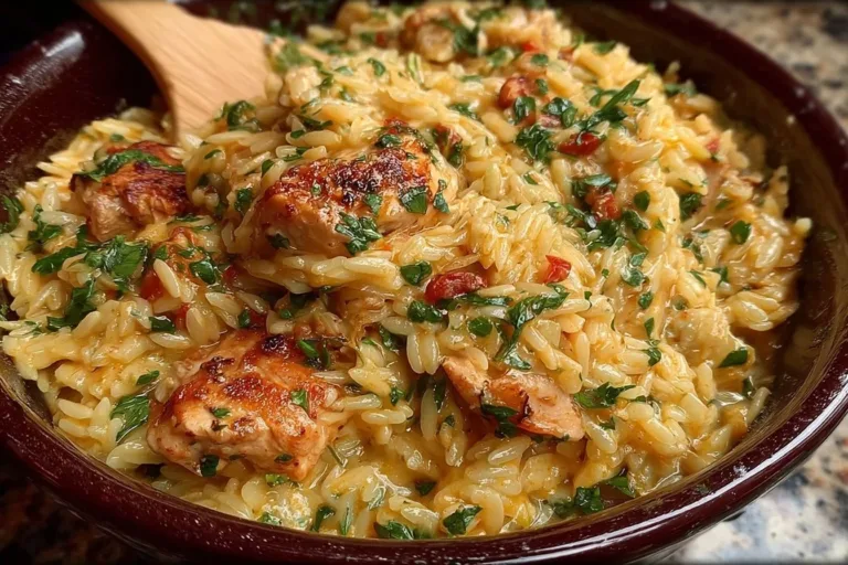 Creamy Marry Me Chicken Orzo served on a plate garnished with parsley