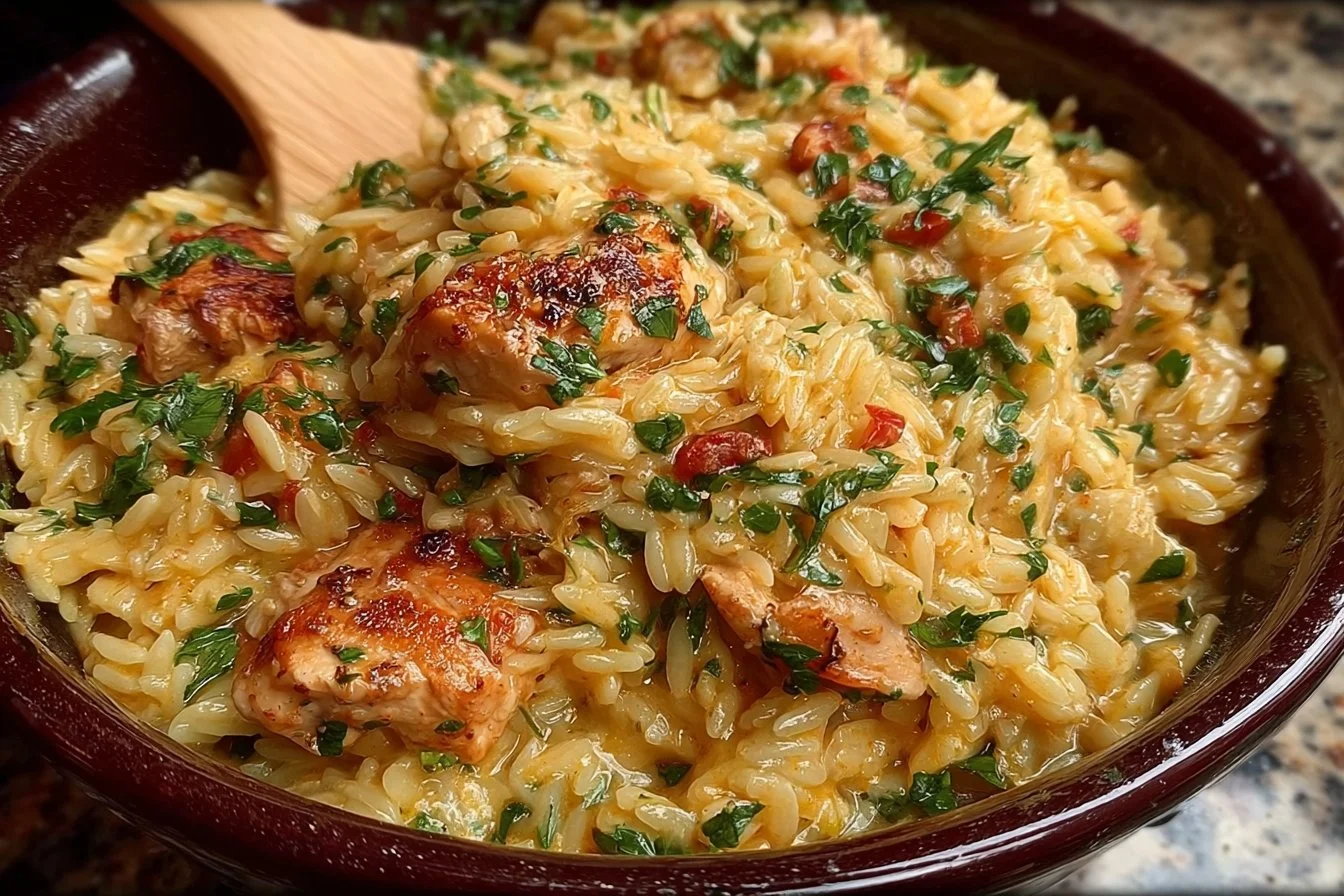 Creamy Marry Me Chicken Orzo served on a plate garnished with parsley