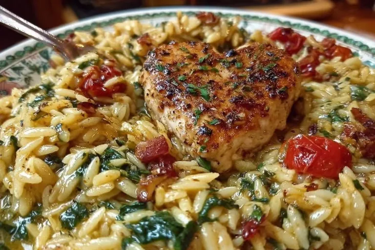 Delicious Marry Me Chicken Orzo served in a bowl, garnished with herbs.