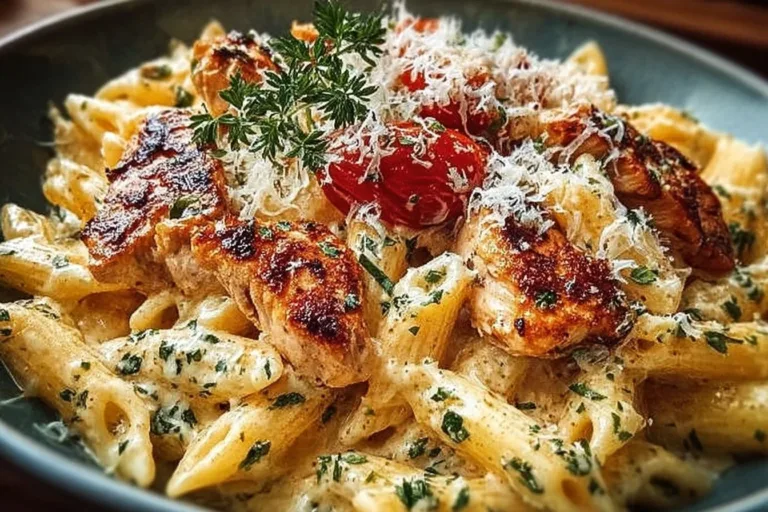 Plate of Marry Me Chicken Pasta garnished with herbs and served in a bowl.