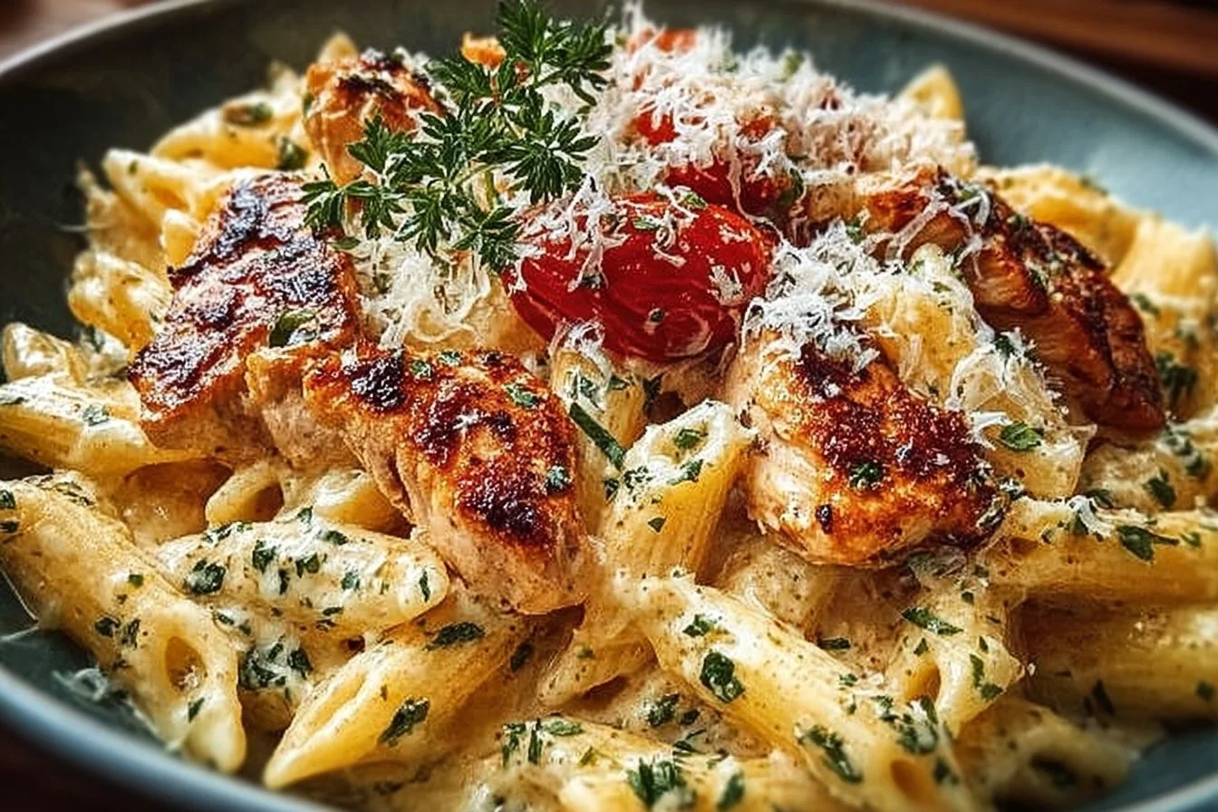 Plate of Marry Me Chicken Pasta garnished with herbs and served in a bowl.