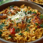 Delicious Marry Me Chicken served with risoni pasta on a plate