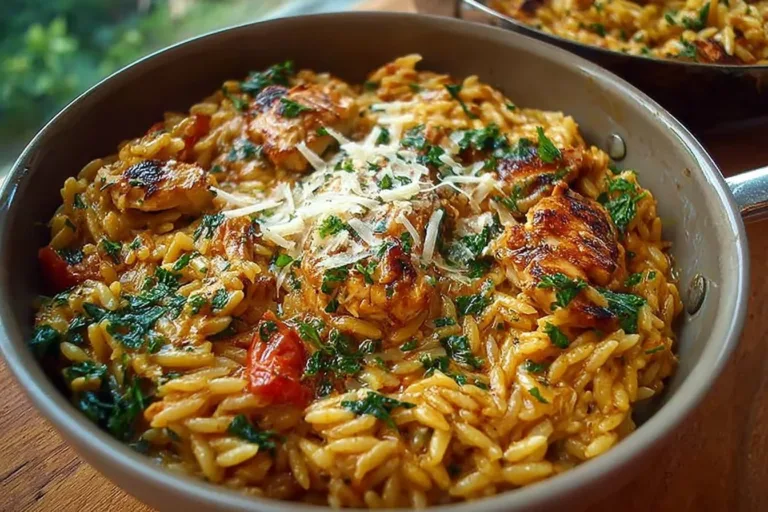 Delicious Marry Me Chicken served with risoni pasta on a plate