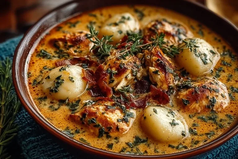 Bowl of Marry Me Tuscan Chicken Gnocchi Soup garnished with herbs