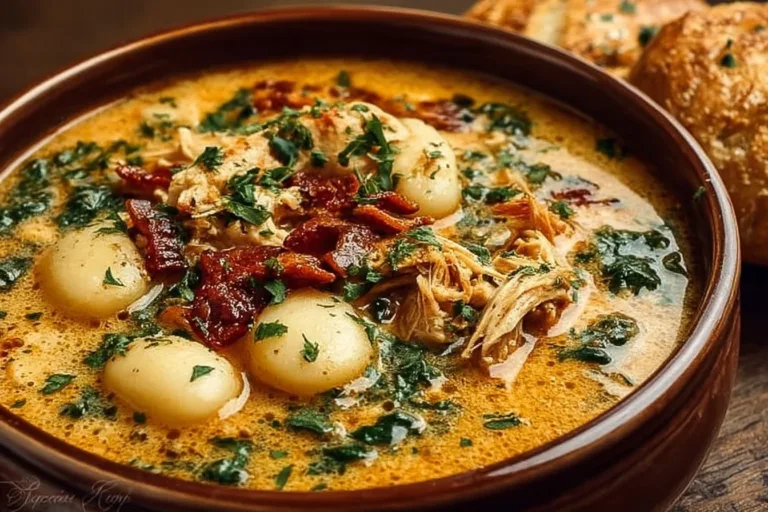 Bowl of Marry Me Tuscan Chicken Gnocchi Soup garnished with herbs