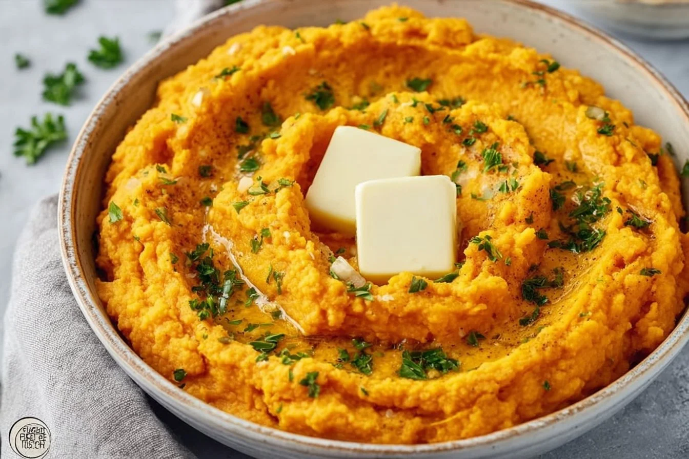 Deliciously creamy mashed sweet potatoes served as a side dish.