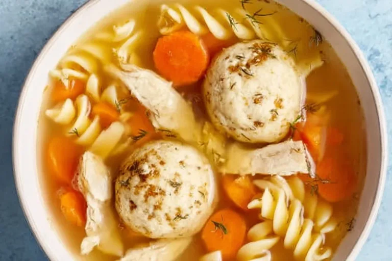 A bowl of delicious Matzo Ball Soup with fresh herbs and vegetables.