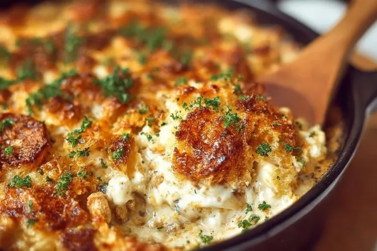 Delicious Million Dollar Chicken Casserole topped with cheese and crunchy breadcrumbs