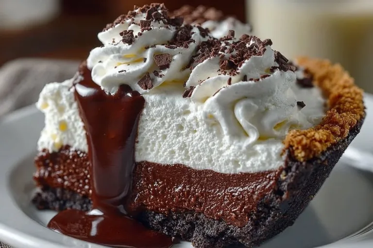 Delicious Mississippi Mud Pie topped with chocolate and whipped cream