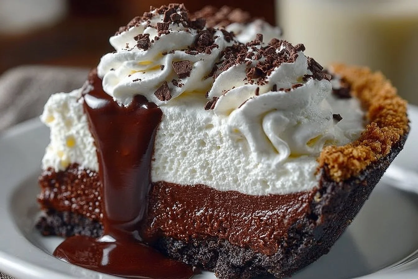 Delicious Mississippi Mud Pie topped with chocolate and whipped cream