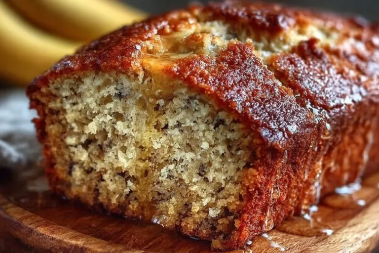 Moist banana bread made with 3 ripe bananas on a wooden table