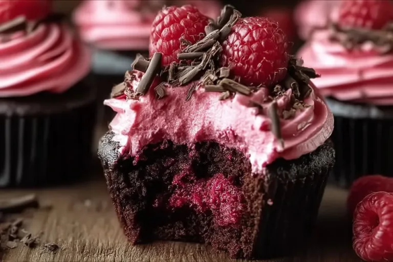 Decadent molten raspberry chocolate cupcakes with a rich chocolate frosting