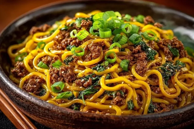 Bowl of Mongolian ground beef noodles topped with green onions and sesame seeds.