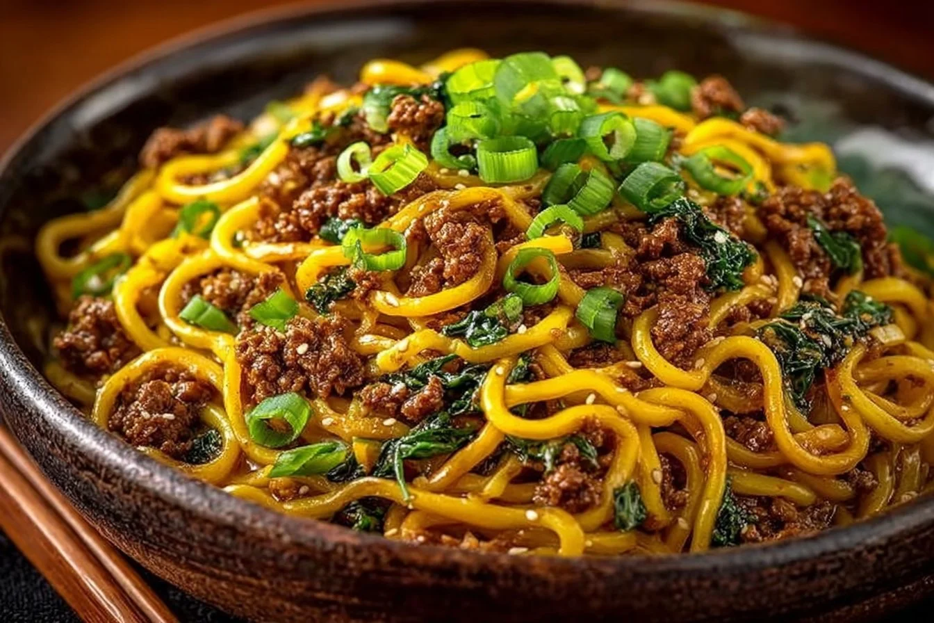 Bowl of Mongolian ground beef noodles topped with green onions and sesame seeds.
