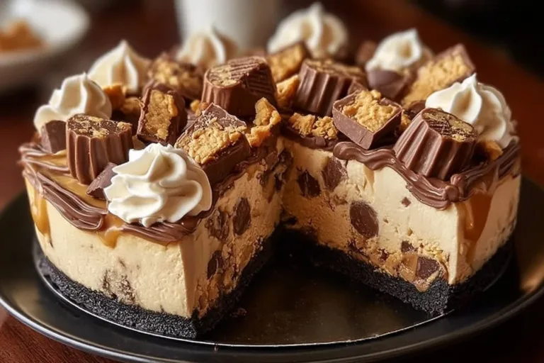 Slice of rich Reese's Peanut Butter Cup Cheesecake with a chocolate crust