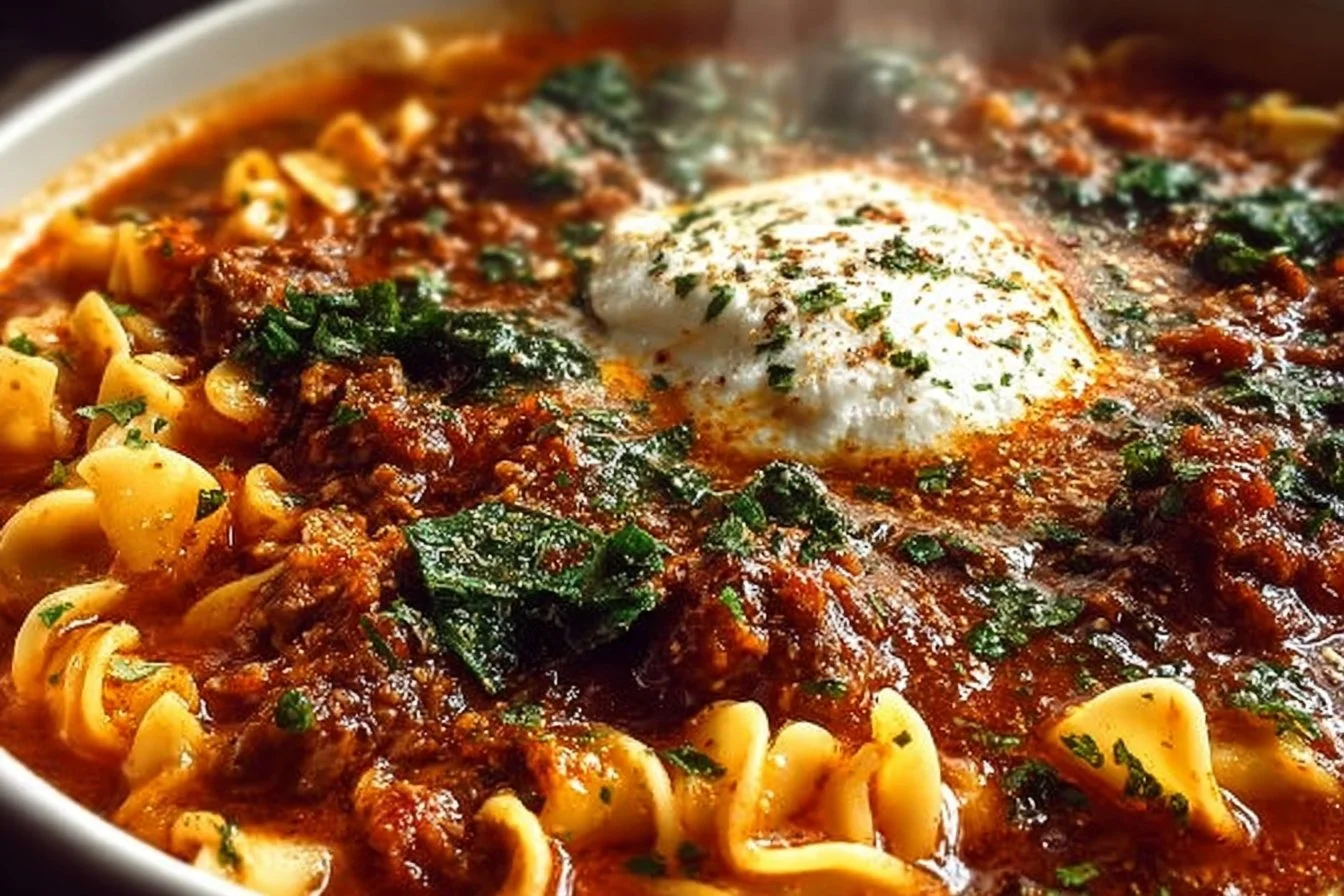 Delicious one pot lasagna soup served in a bowl with cheese and herbs