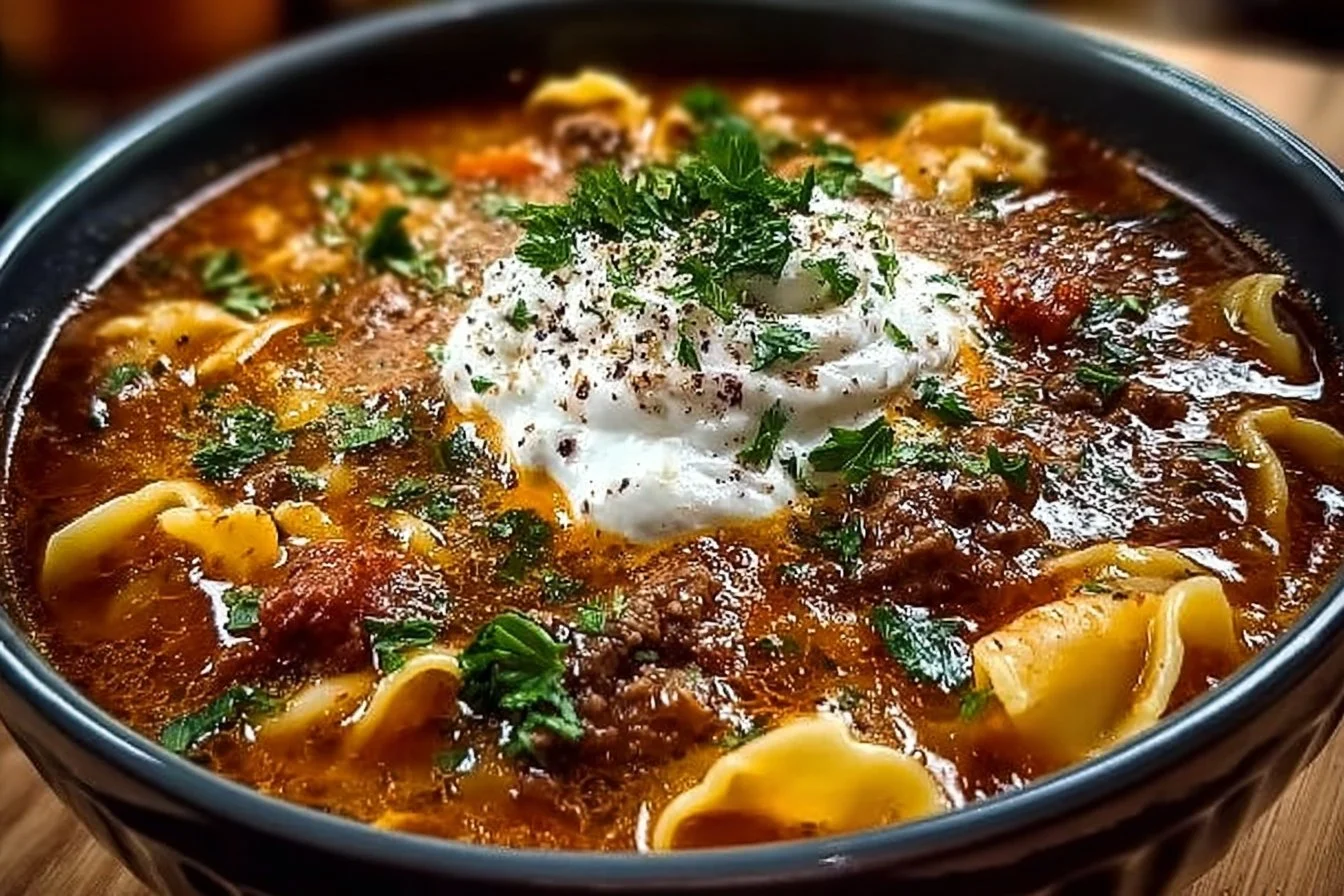 Delicious lasagna soup in a bowl topped with cheese and herbs
