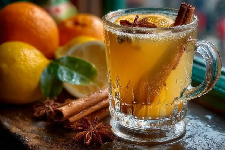 A glass of mulled white wine with spices and citrus fruits
