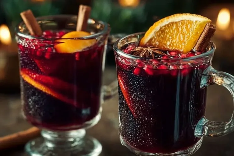 A steaming cup of mulled wine garnished with spices and citrus slices.