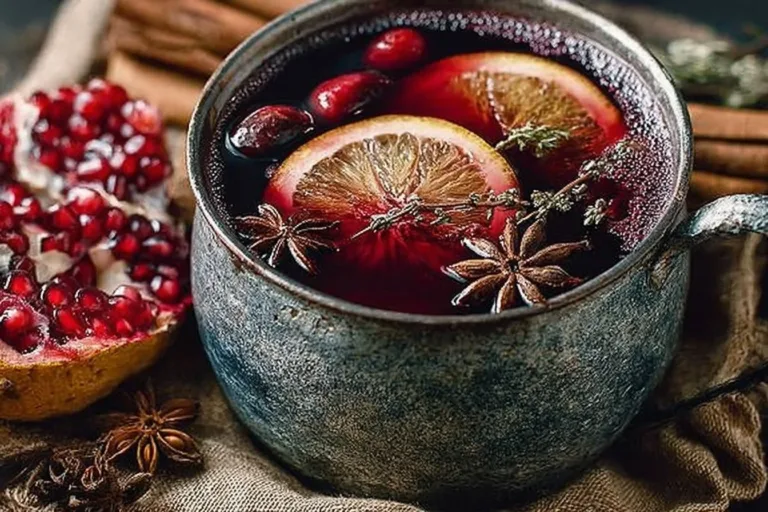 A cozy mug of mulled wine with whole spices, perfect for winter gatherings.