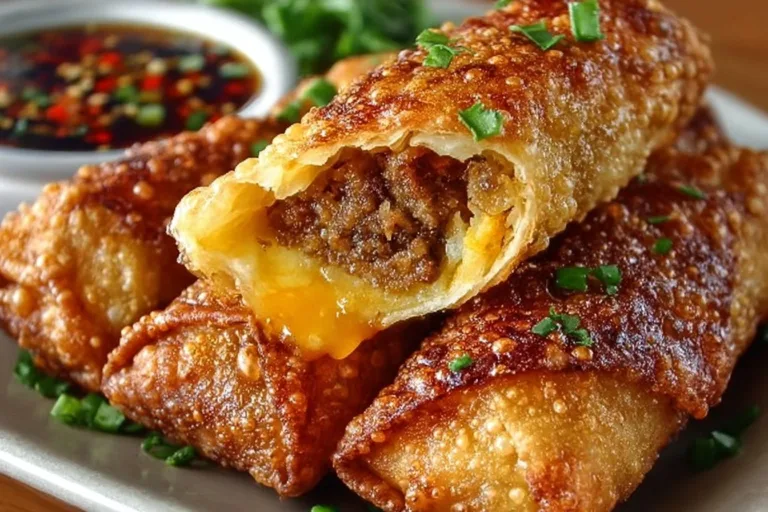 Plate of crispy Nacho Egg Rolls filled with cheese and served with dipping sauce.