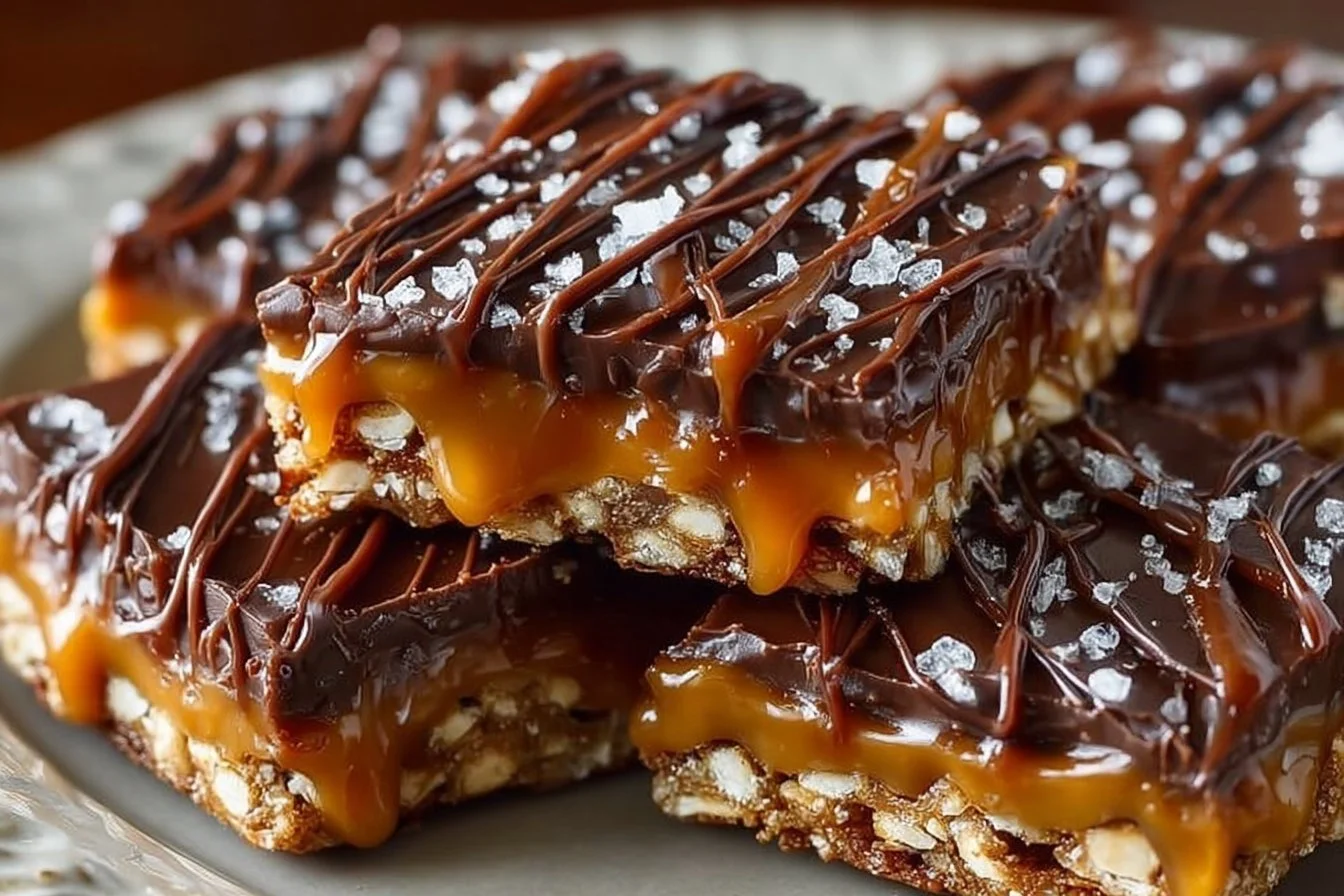 No-bake salted caramel pretzel bars with a delicious topping and salty pretzel crust.