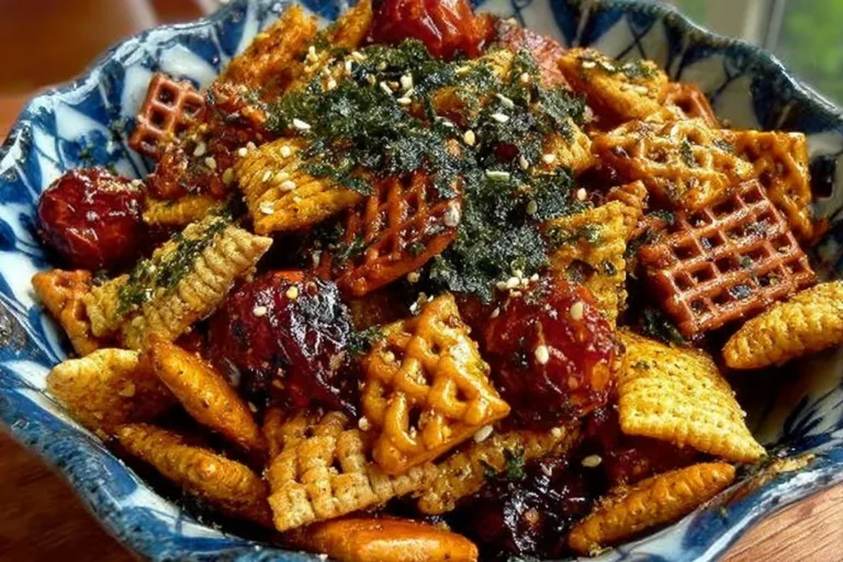 Savory Nori Furikake Chex Mix snack bowl filled with crunchy ingredients