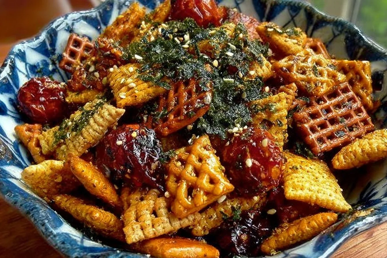 Savory Nori Furikake Chex Mix snack bowl filled with crunchy ingredients