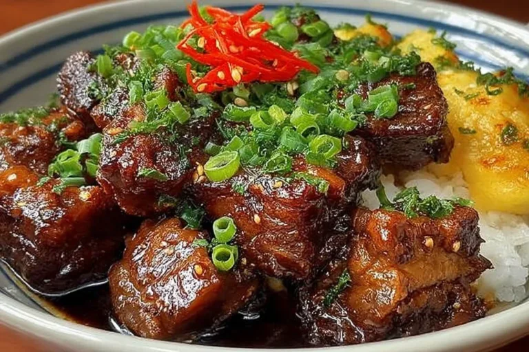 Plate of Okinawa Soy Sauce Pork garnished with green onions and sesame seeds