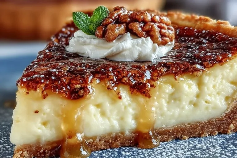 Old Fashioned Custard Pie served on a rustic table with a fork