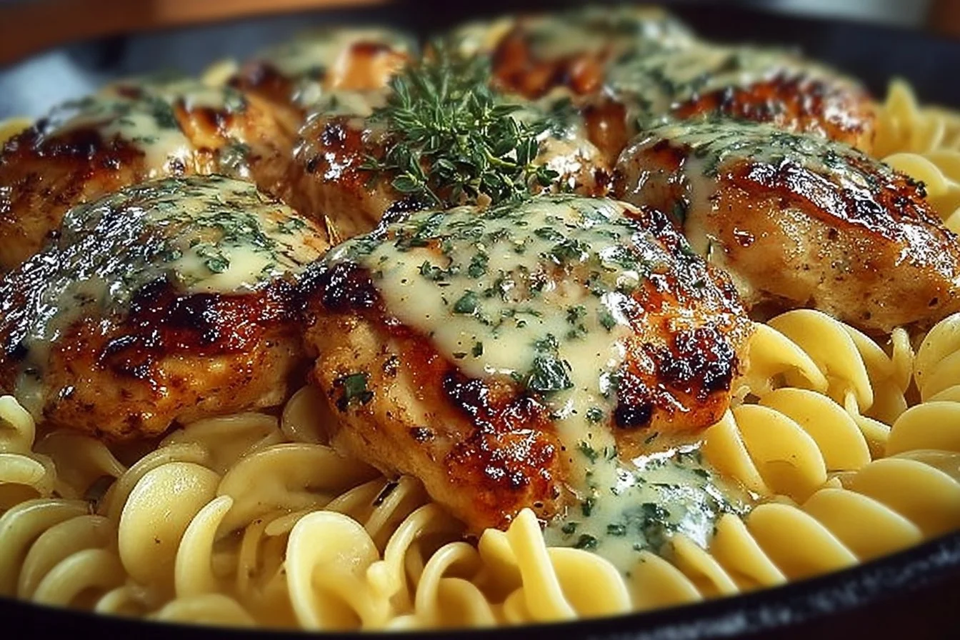 One-Pan Chicken with Buttered Noodles served on a plate