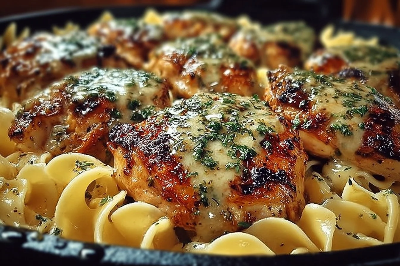 One-pan chicken with buttered noodles served on a plate