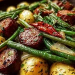 One pan sausage dish with green beans and potatoes for a quick meal