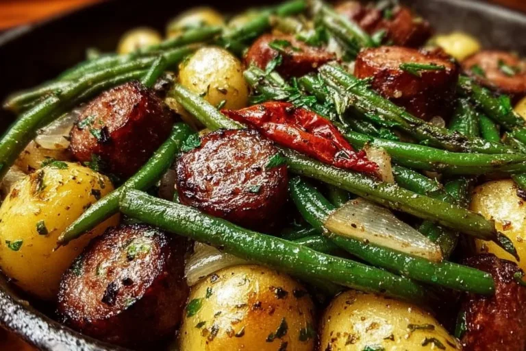 One pan sausage dish with green beans and potatoes for a quick meal