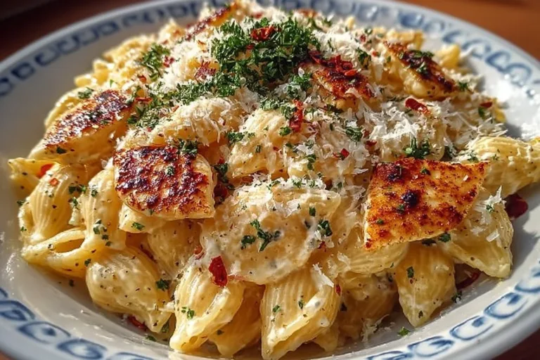 One pot creamy garlic pasta topped with herbs and parmesan cheese