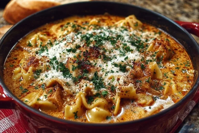 Bowl of one-pot creamy lasagna soup topped with cheese and basil