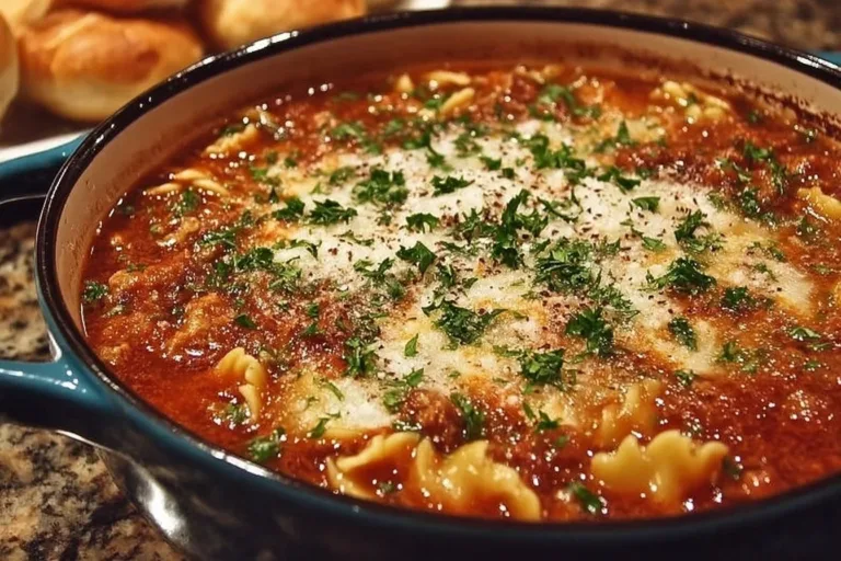One-Pot Lasagna Soup in a bowl with cheese and herbs