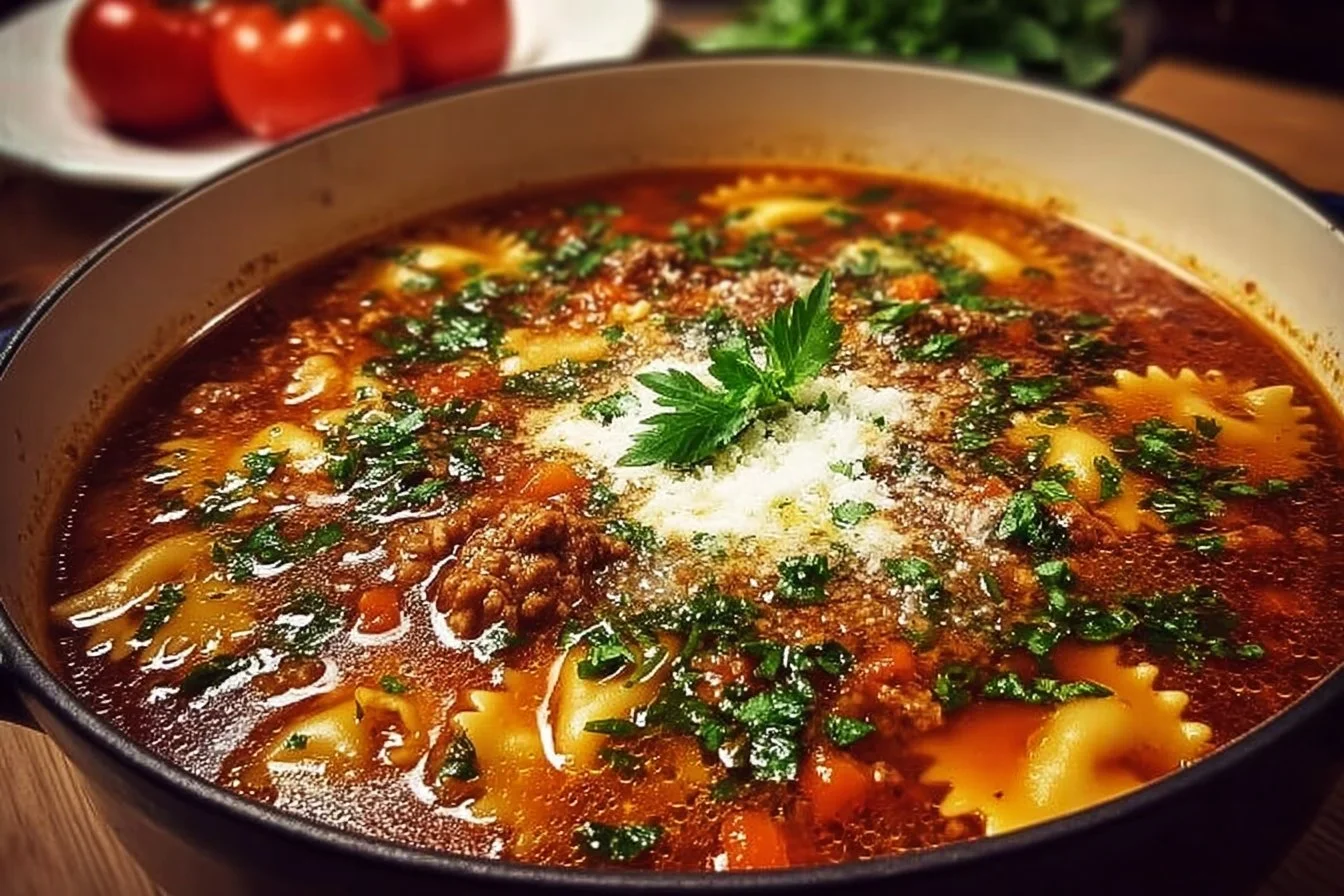 Delicious bowl of One Pot Lasagna Soup garnished with fresh herbs and cheese.