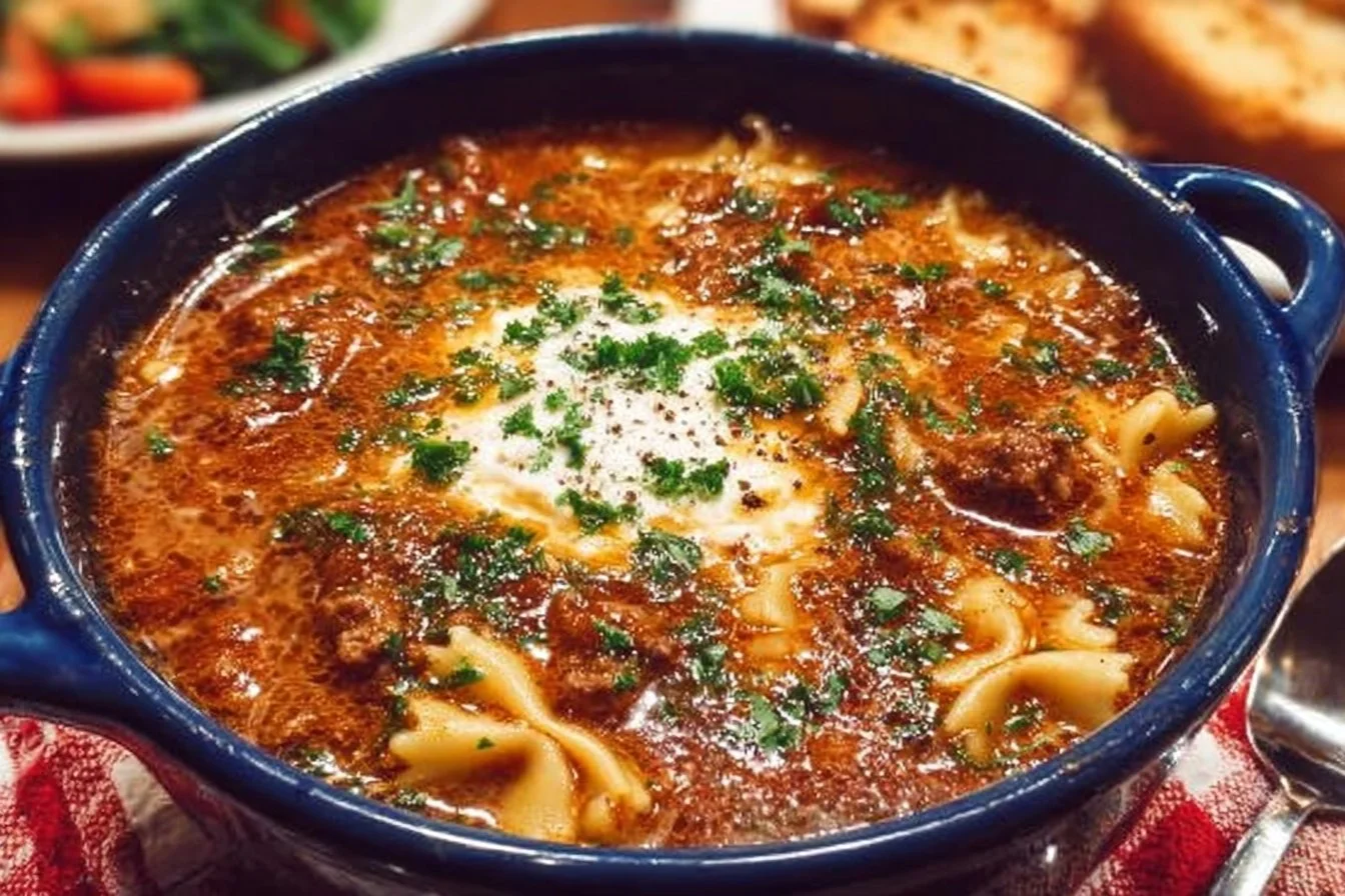 A bowl of creamy one-pot lasagna soup garnished with herbs