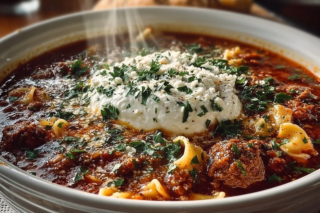 Bowl of delicious one-pot lasagna soup with cheese and herbs, ready to serve.