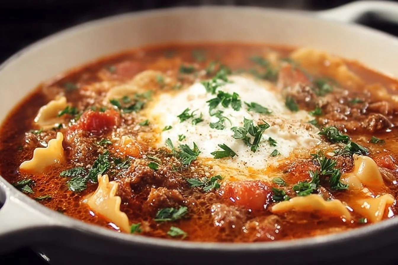 A bowl of delicious One Pot Lasagna Soup topped with cheese and fresh herbs.