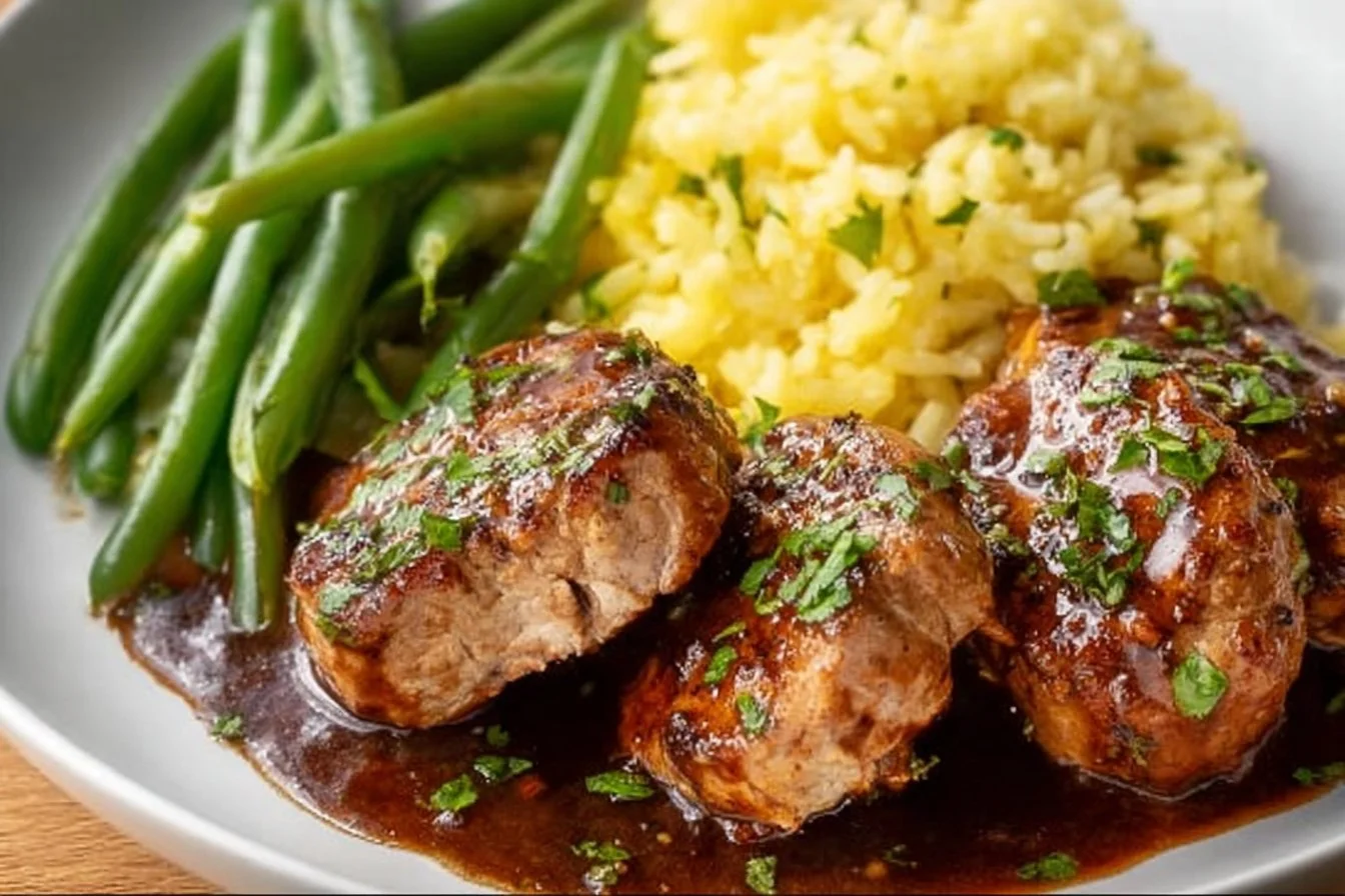 Delicious onion gravy pork medallions served with sides