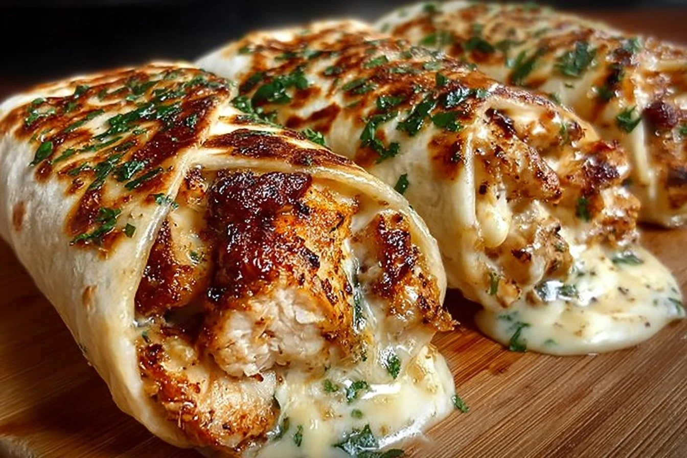 Delicious cheesy garlic chicken wraps ready to be served.