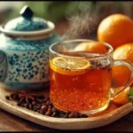 Cup of orange clove tea infusion with slices of orange and cloves