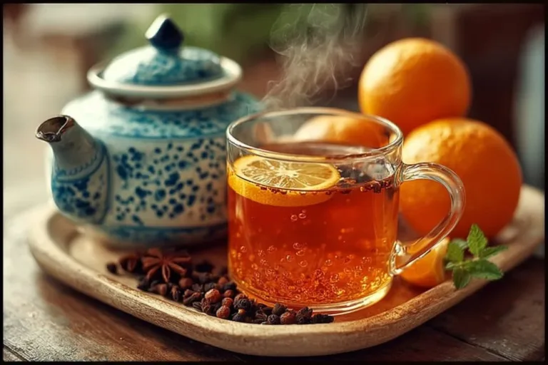 Cup of orange clove tea infusion with slices of orange and cloves