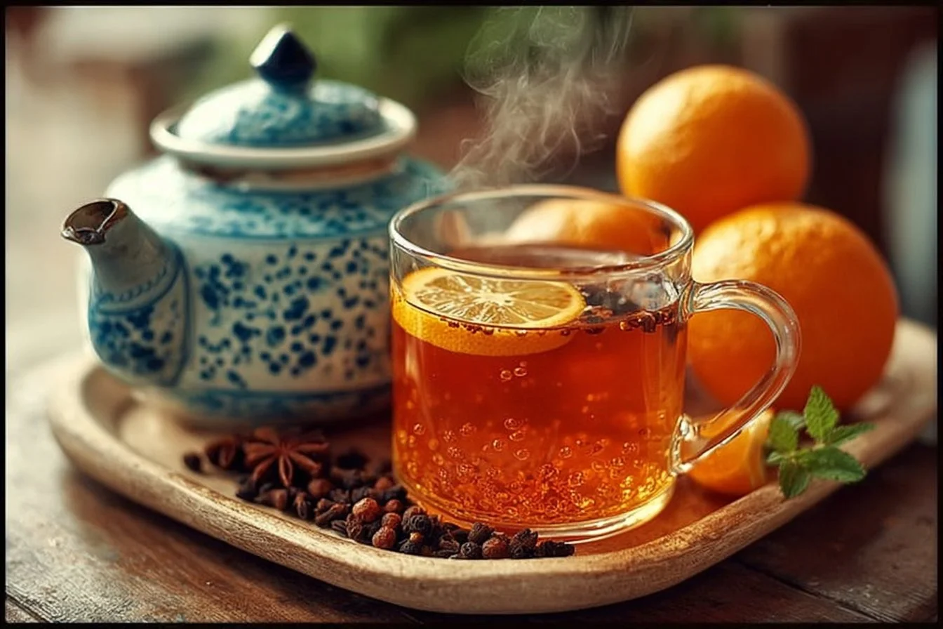 Cup of orange clove tea infusion with slices of orange and cloves